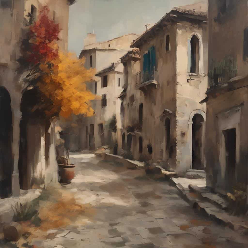 Γραφική εικόνα με παλιά κατοικίες και φθαρμένο δρόμο, αποπνέοντας την τέχνη ως μέσο έκφρασης και κοινωνικού μηνύματος σε μια ιστορική γειτονιά.