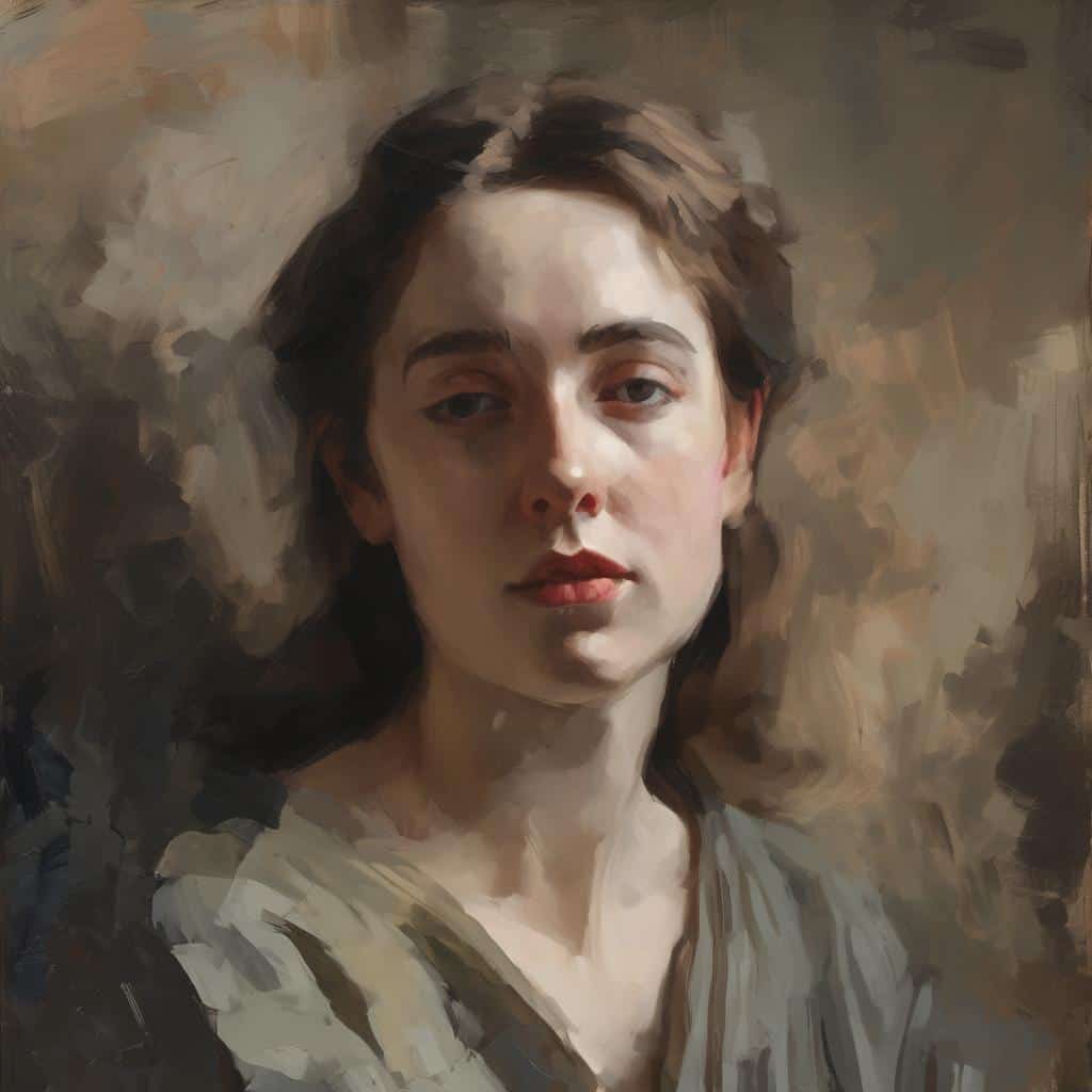 Ζωγραφική πορτρέτο νεαρής γυναίκας με ρεαλιστικό στυλ και εκφραστική ματιά.