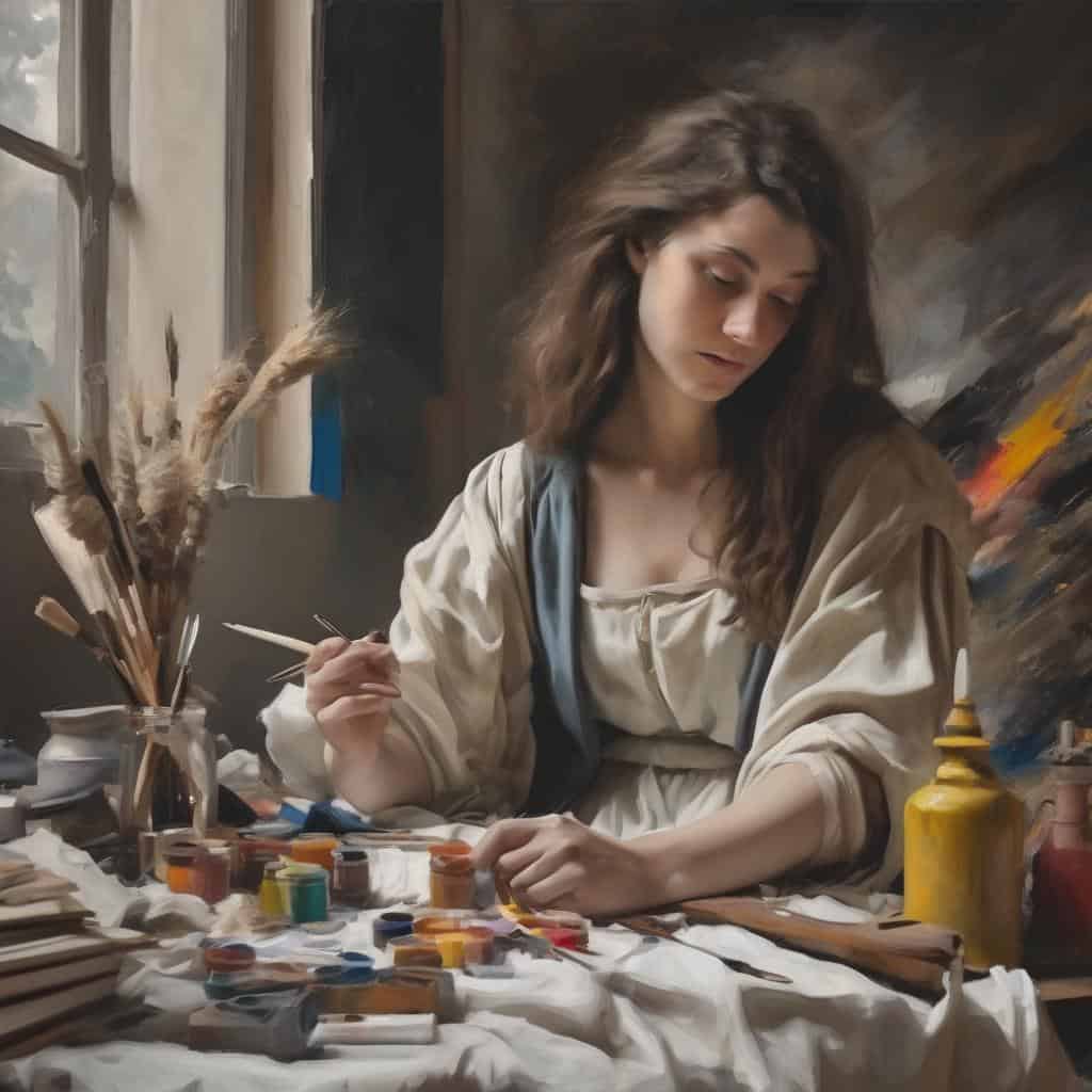 Ζευγάρι γυναίκας ζωγράφου σε στούντιο με καμβά και πινελιές χρώματος, εξέφραση μέσω τέχνης και κοινωνικού μηνύματος.