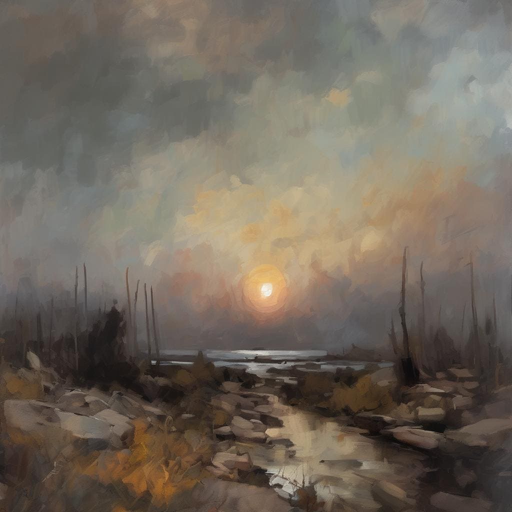 Ουρανούν τοπίο με ηλιοβασίλεμα και σκιές σκαφών στη θάλασσα, εκφράζοντας την τέχνη ως κοινωνικό μήνυμα.