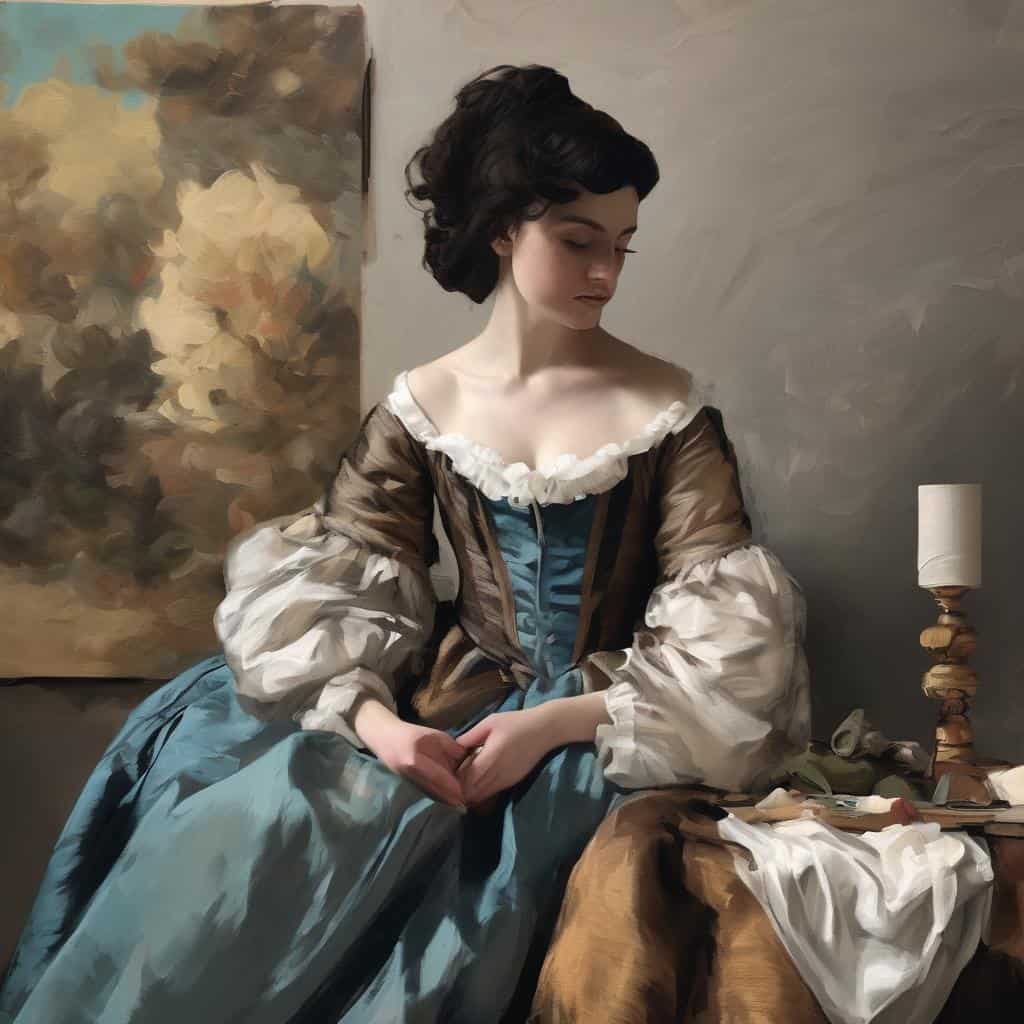 παρθένα γυναίκα με ιστορική ενδυμασία σε καλλιτεχνική εκφραστική σκηνή.