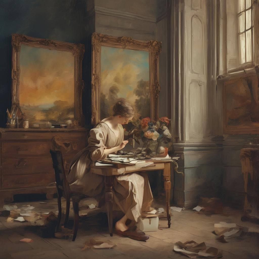 Ζωντανή νεαρή γυναίκα ζωγραφίζει στον καμβά σε καλοκαιρινό φωτισμένο στούντιο με αποσπασματικά χαρτιά στο πάτωμα.