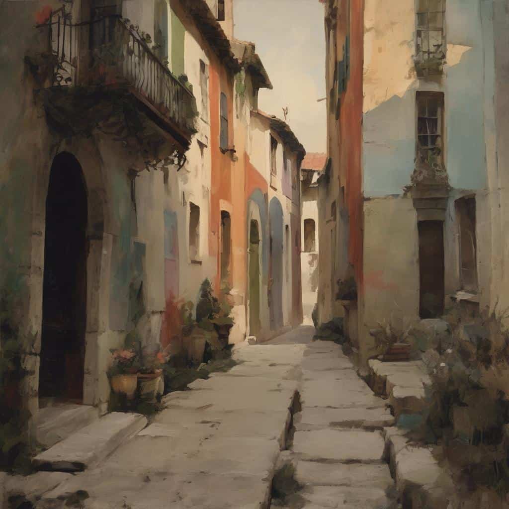 Αρχαία στενά σε παραδοσιακό χωριό με πολύχρωμα κτίρια και μονοπάτια, εκφράζοντας την τέχνη ως μέσο κοινωνικού μηνύματος και έκφρασης.