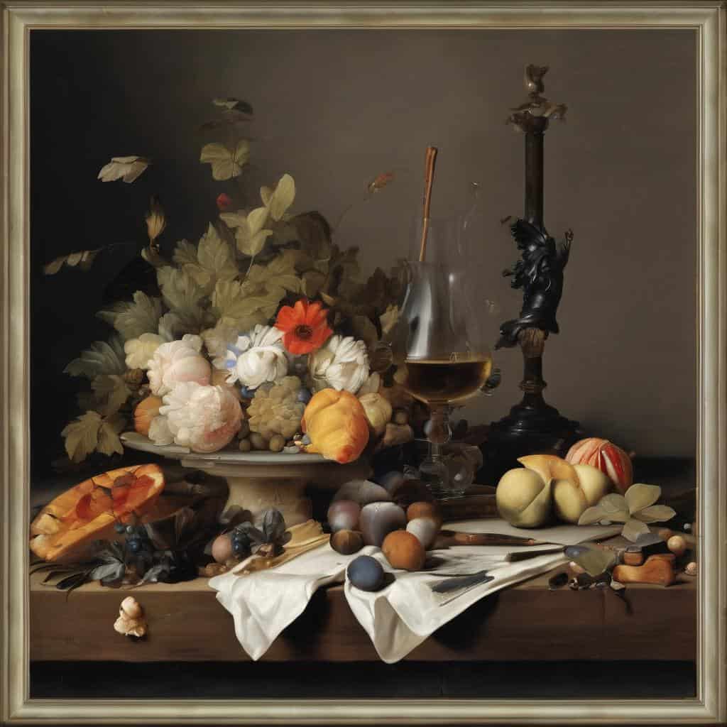 Μπουκέτο λουλουδιών και φρούτα σε ρεαλιστικό still life.